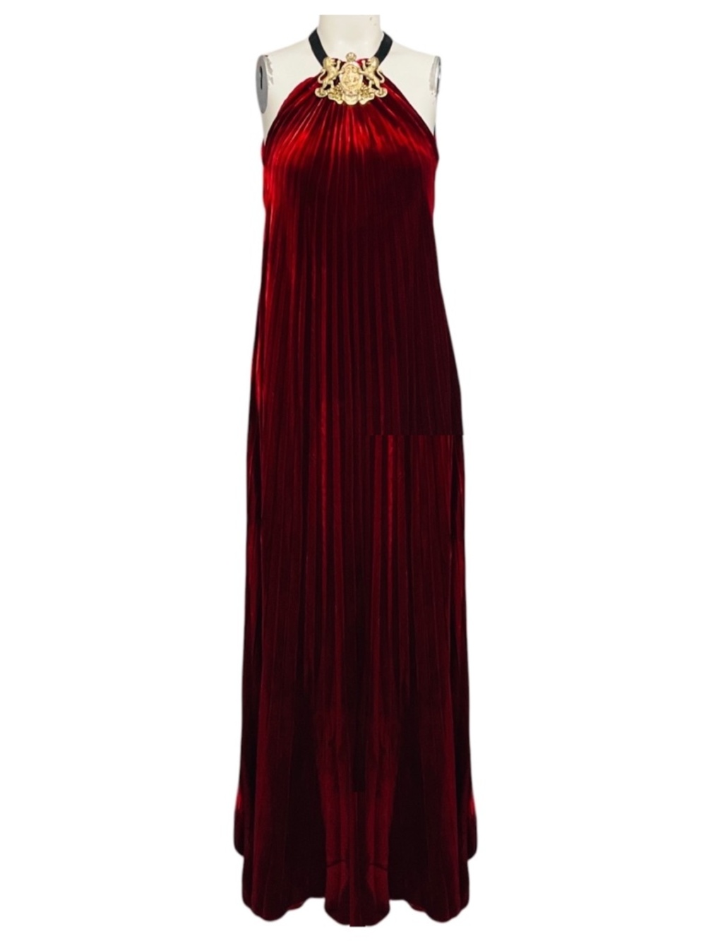 RALPH LAUREN COLLECTION RUNWAY CRIMSON FLUID VELVET PLISSE HALTER GOWN